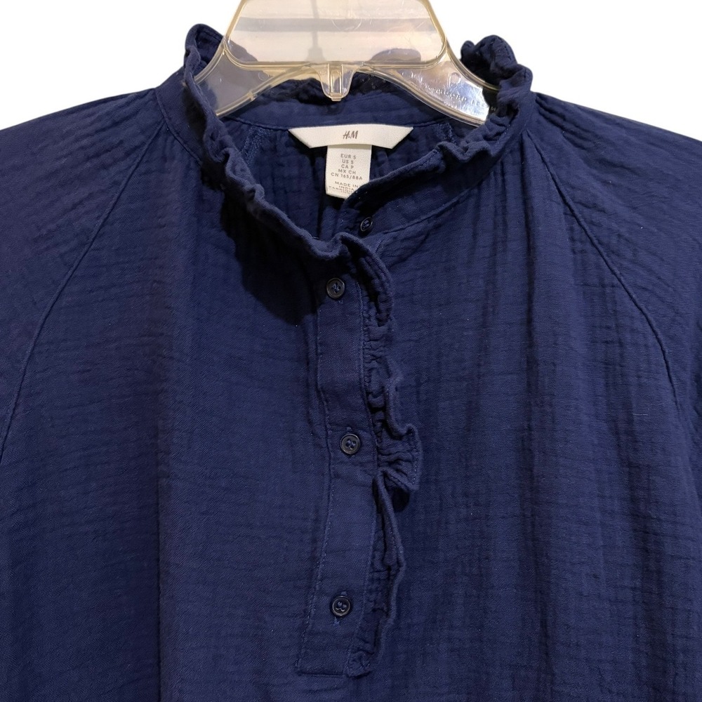 H&M Blouse Small Navy Blue Cotton Gauze Ruffle Neck Balloon Sleeve Boho Cottage - Picture 4 of 10